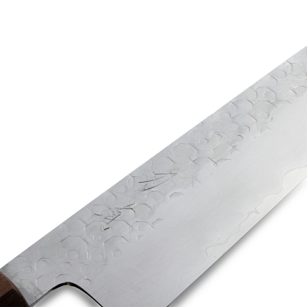 01452 包丁　切付牛刀　鬼反り　本焼　網波紋　白鋼　未使用品 河豚引包丁 尺 304mm 本焼 鏡面 水牛黒檀八角柄 白鞘・箱付 O512